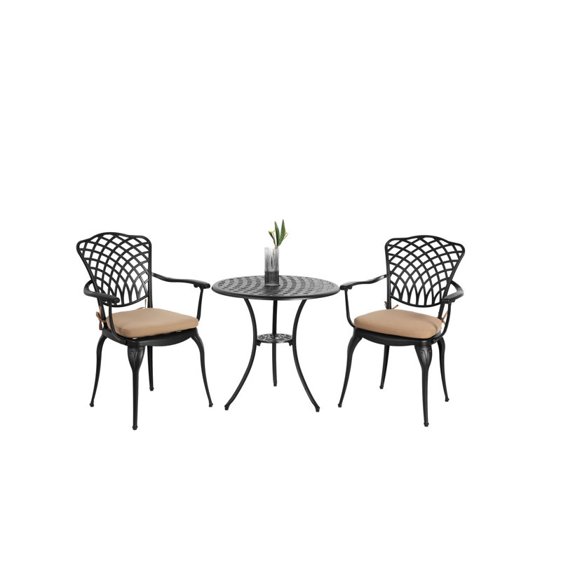 3 Piece Patio Bistro Set Cast Aluminum Bistro Table and Chairs Set of 2 with Umbrella Hole,All Weather Metal Bistro Table Set,Outdoor Patio Furniture Set for Garden with cushion