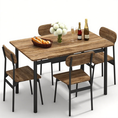 Dining Table Set For 4, 5 Piece Rectangle Farmhouse Wooden Dining Room Table Set With Metal Frame And Wood Tabletop, Kitchen Table Set With 4 Chair Fo