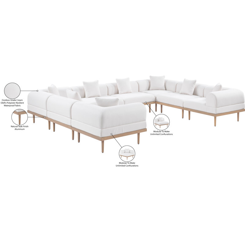Madeleine 142" Resilient Water Resistant Olefin Fabric Upholstered 8Pc. Outdoor Patio Modular Sectional, Cream