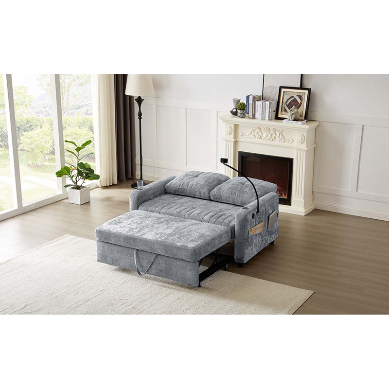 53.9" Modern Loveseat Pull-out Sofa Bed with Adjustable Backrest,Two Cup Holders,a Phone Holder,Three Charging Ports and Side Storage Pockets for Living Room