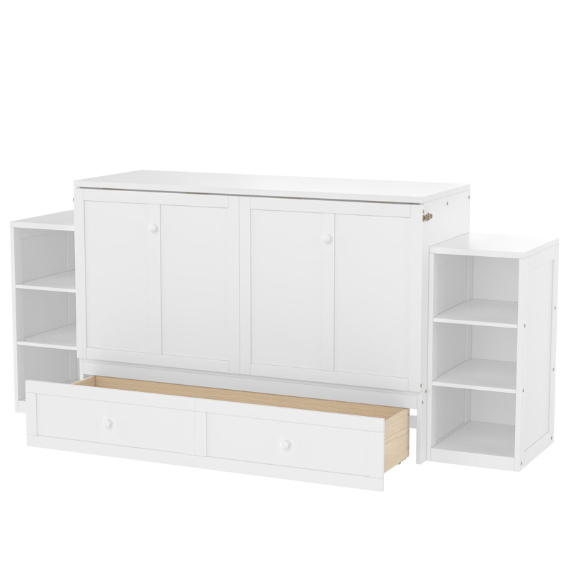 Lit escamotable avec tiroirs de rangement et tablettes pour chambres d'amis, chambres à coucher, Grand lit, Blanc