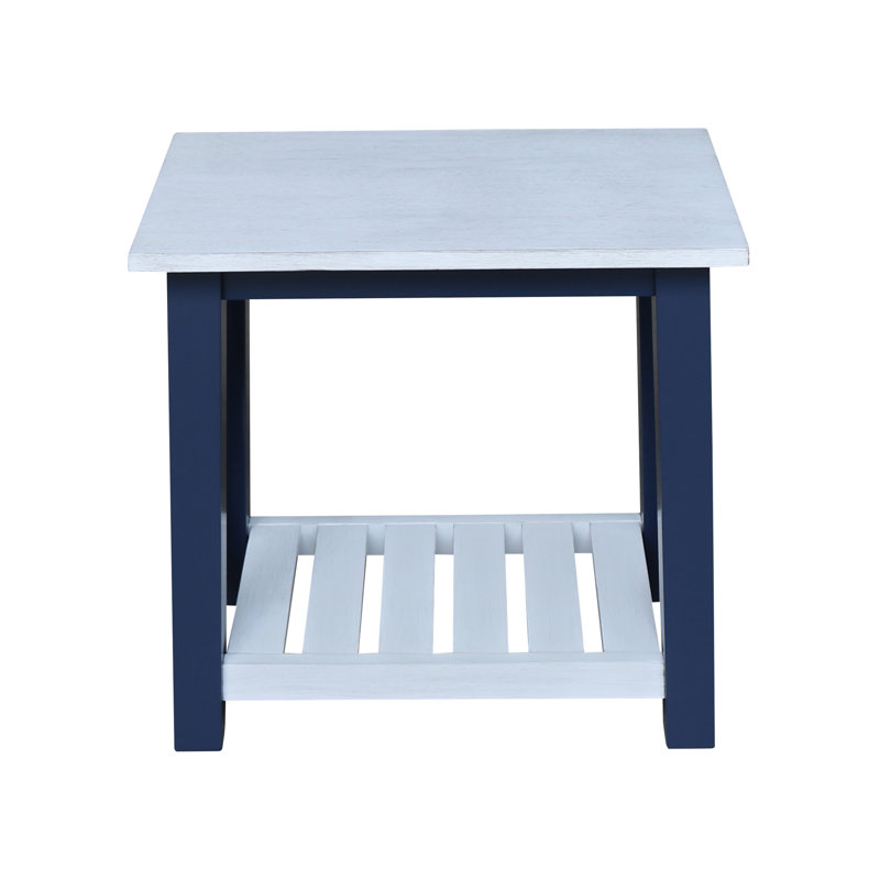 Solid Wood End Table, Antiqued Chalk Top/Blue Base
