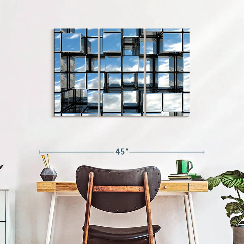 Abstract Square Mirrors On Canvas 3 Pieces Set, 38" H x 24" W x 1.25" D