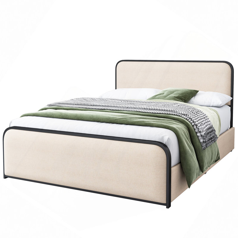Structure de lit moderne en métal avec tête de lit et pied de lit rembourrés courbés avec 4 tiroirs de rangement, lattes en métal robustes