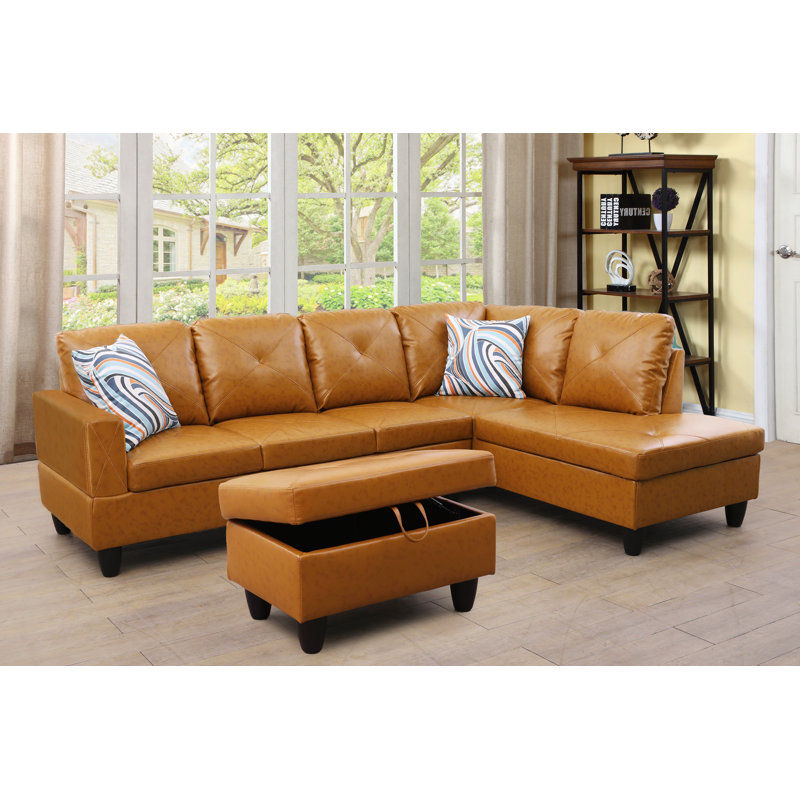 Ensemble de canapé modulaire en similicuir 2 pièces avec méridienne Ginger, Similicuir brun miel, Face à la gauche