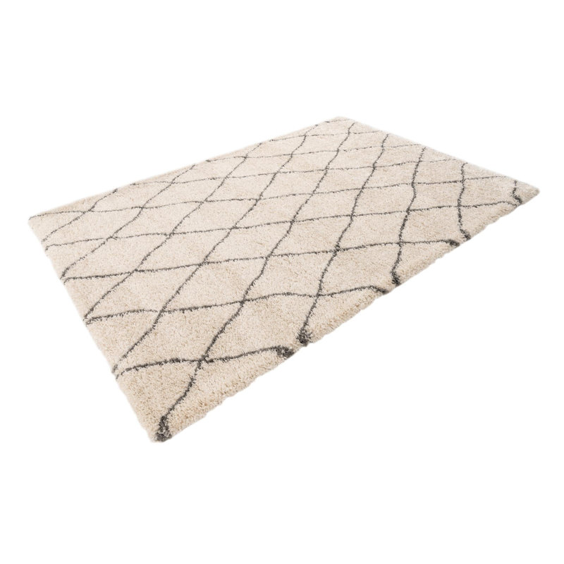 Tapis à poil long géométrique ivoire / gris l'arrière, Rectangle 9 pi 10 po x 13 pi 1 po