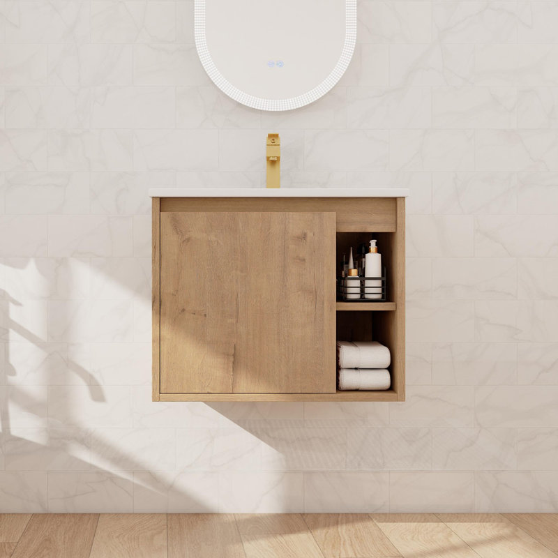 Meuble-lavabo mural simple 24 po avec lavabo en céramique, meuble-lavabo flottant avec 1 porte à fermeture douce et 1 tablette