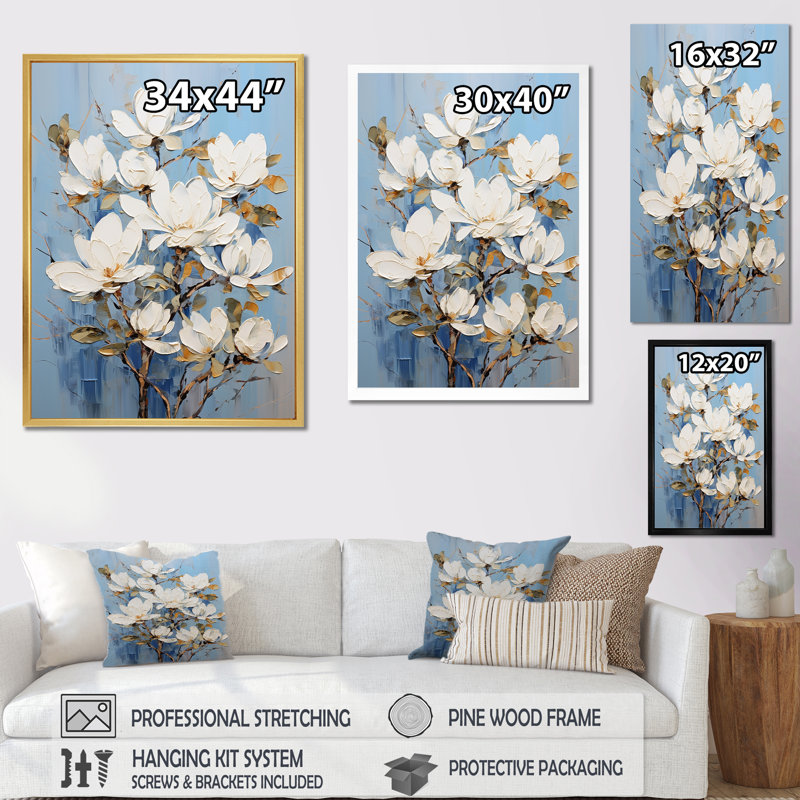 Magnifique paysage de rêve beige et doré Magnolia III sur toile, Cadre flottant doré, H 20 po x l 12 po x P 1 po