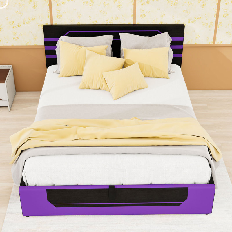 Grand lit plateforme tapissier avec tête de lit et rangement relevable, Mauve / noir