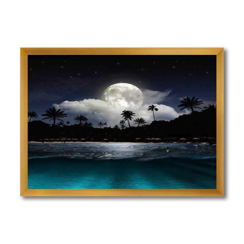 Bateau de pêche sous la pleine lune tropicale - photographie sur toile, H 24 po x l 32 po x P 1 po, Cadre doré