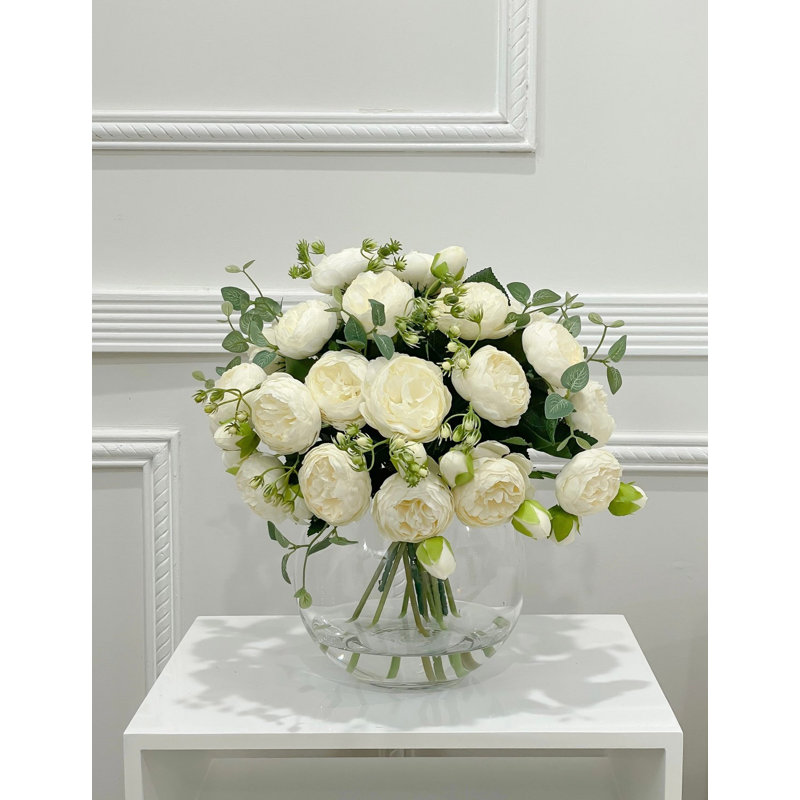 White Peony Faux Centerpiece In Glass Vase, White