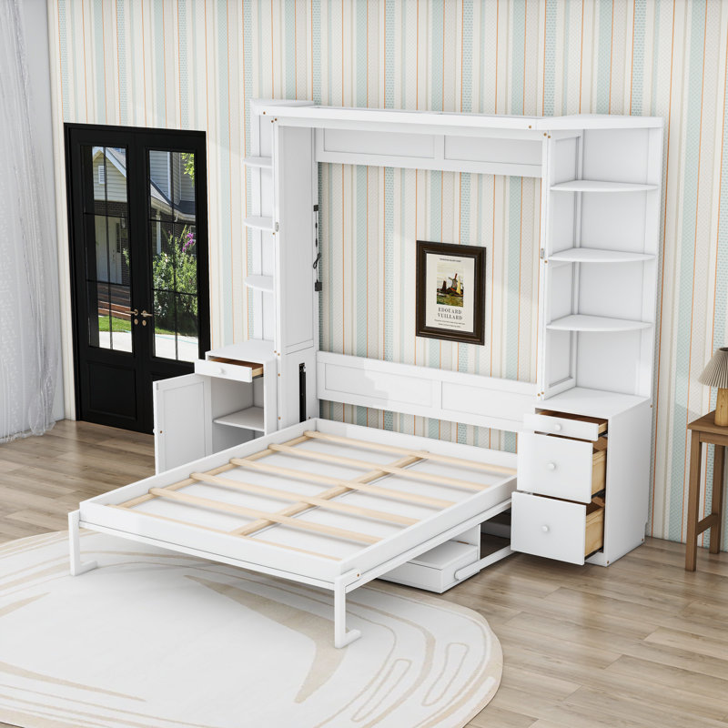 Grand lit escamotable peu encombrant avec bureau intégré et tiroirs de rangement, tablettes, Blanc