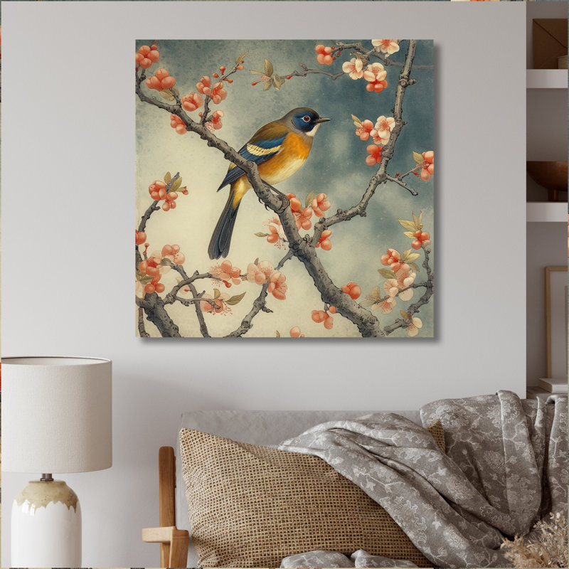 Pinsons sur une fleur de pommier I, Toile tendue, H 36 po x l 36 po x P 1,5 po