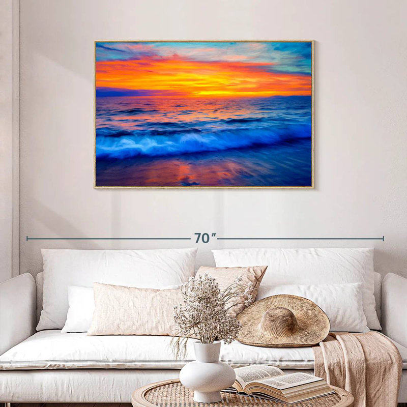 Coucher de soleil hypnotique, Cadre flottant en bois naturel, 43 po x 29 po