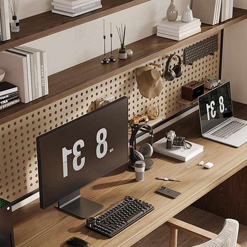 Bureau en bois massif avec bibliothèque et bibliothèque, H 29,53 po x l 70,87 po x P 23,62 po