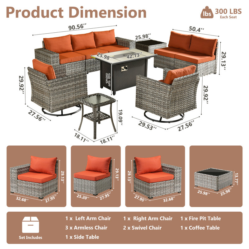 Bobia 10 - Pieces Patio Conversation Set with Swivel Rocking Chairs, Outdoor Seating Group with Fire Pit Table, Orange Red