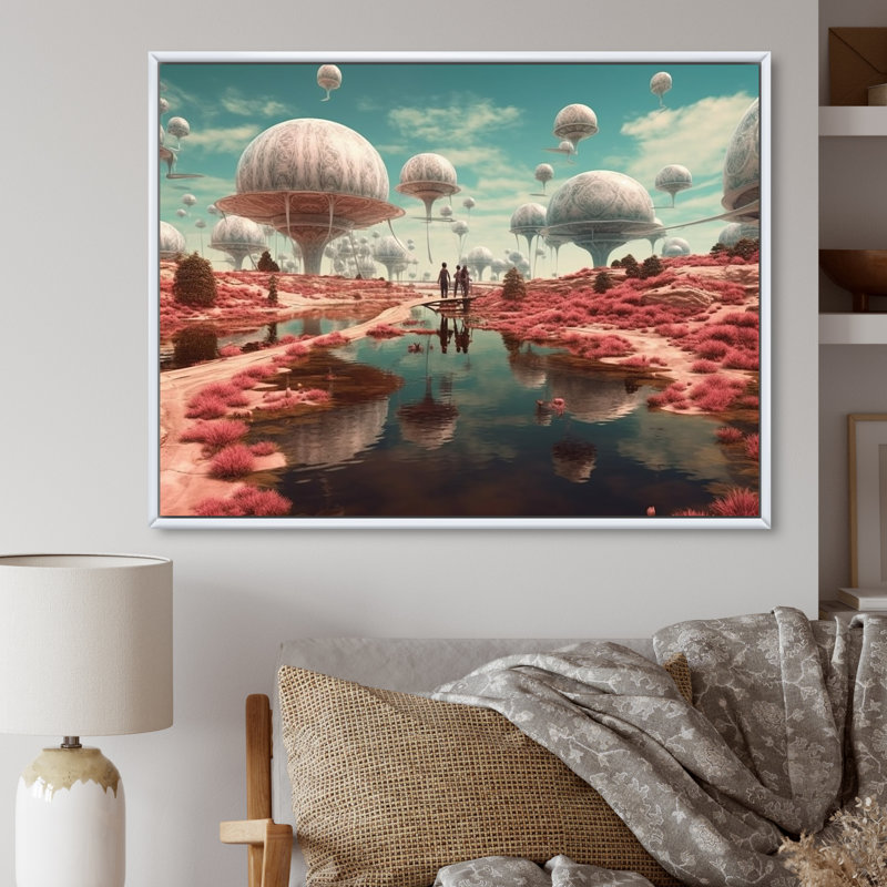 Futuriste Visions, paysage lunaire sur toile - Paysage abstrait, reproduction d'art sur toile, Cadre flottant blanc