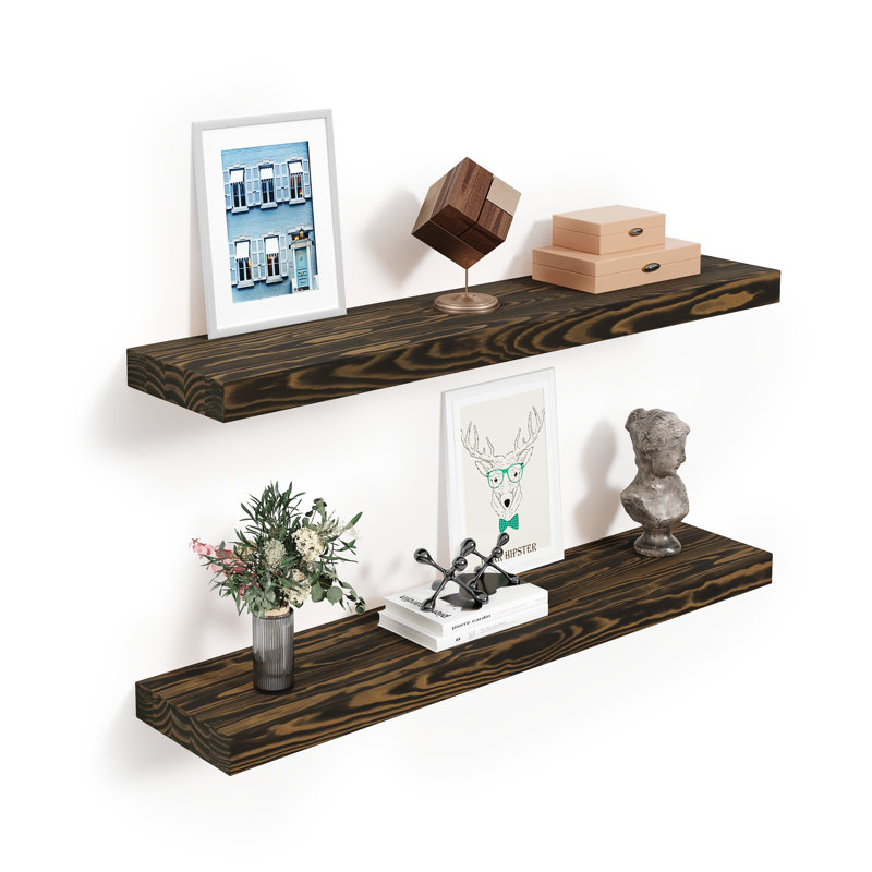 Jorgensen 2 Pieces  Pine Solid Wood Floating Shelves for Wall Decor, Kitchen, Bathroom, Workspace, Thick, Dark Brown