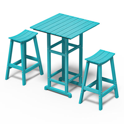 Ensemble de bar extérieur 3 pièces Hdpe - table de patio carrée et 2 tabourets de bar, meubles écologiques pour le balcon, le jardin, le bord de la piscine