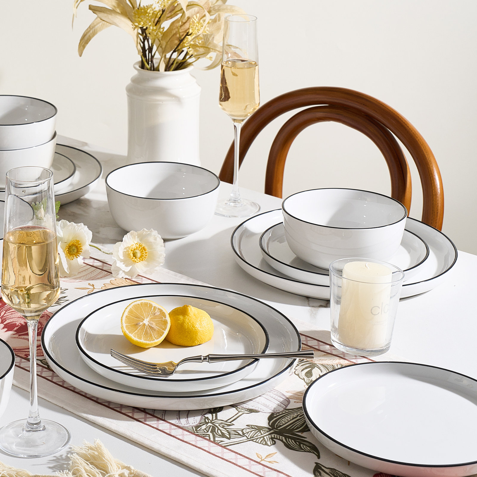 12-Piece Porcelain Dinnerware Set, White with Black Rim