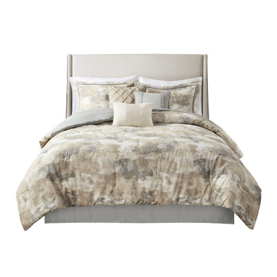 7 Piece Textured Comforter Queen - Cotton Blend Gray, Taupe, Cream Abstract Print 2 Shams, 3 Pillows Wrinkle- Machine Washable