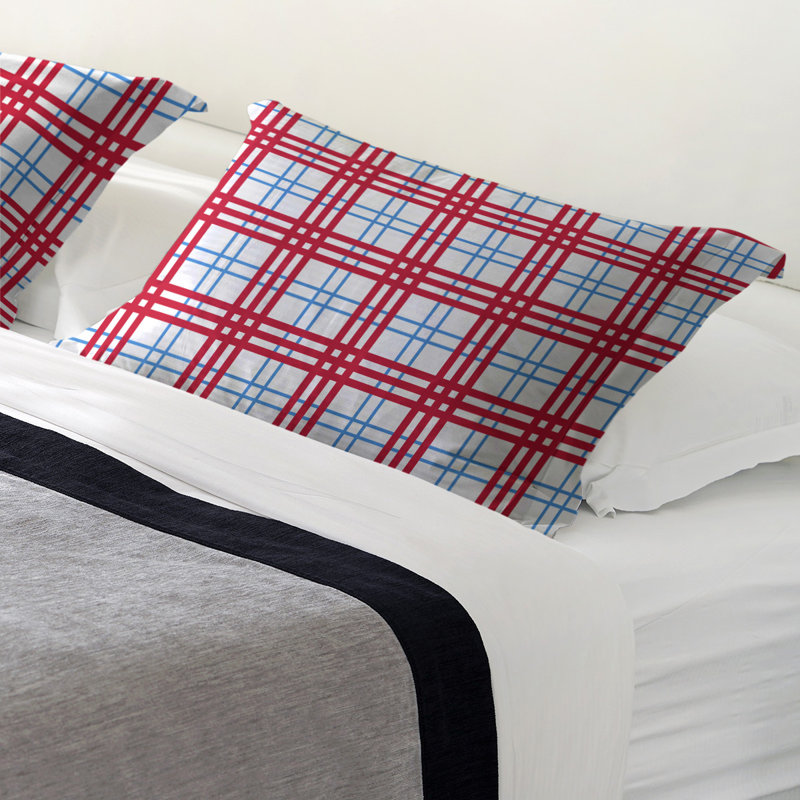 Polyester Plaid Sham Set, King, White/Light Blue/Red
