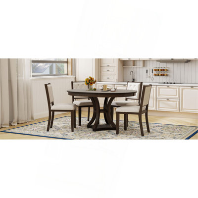 Retro Functional Dining Table Set Extendable Round Table And 4 Upholstered Chairs For Dining Room And Living Room