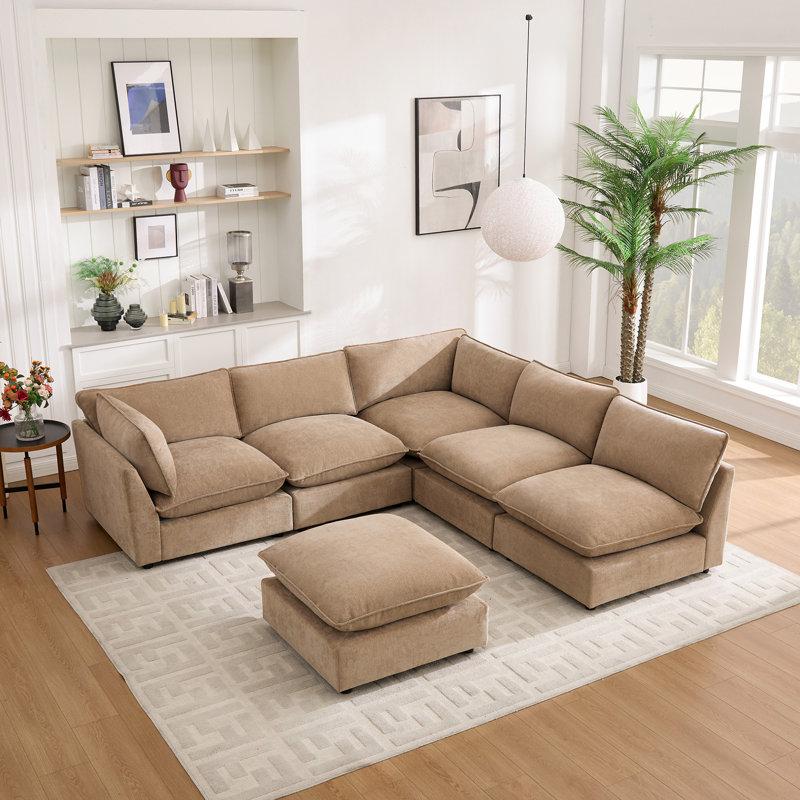 Heffernan 106.77” W Oversized 6-Seater Modular Sofa, Khaki Chenille