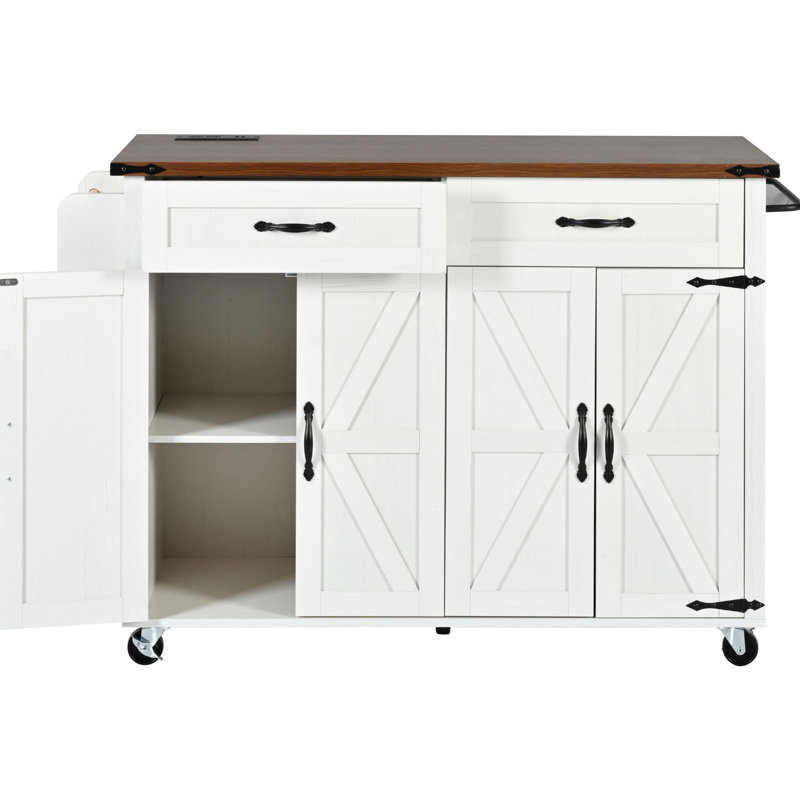 Style Rolling Kitchen Island With Towel Rack And Drop Leaf, 53.5'' X 28.88'' 36.5'', White Brown Cart 53.5"x28.88"x36.5" Power Outlet, Storage, Cabinet Wood Grain Countertop For Dining