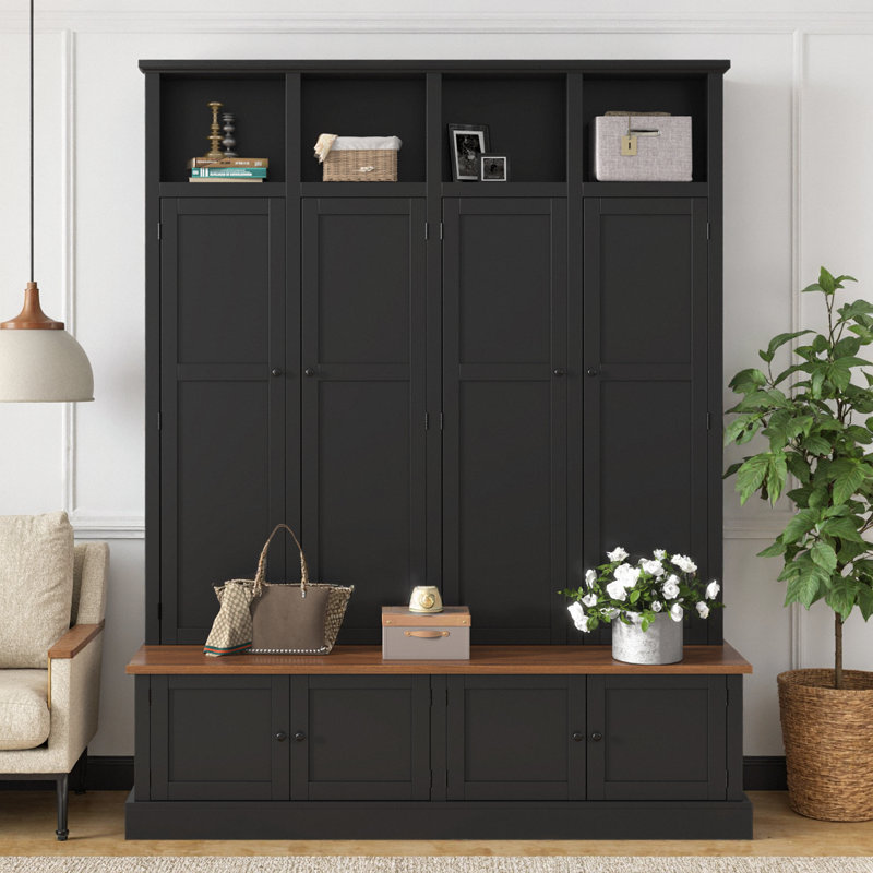 76.7" Farmhouse Hall Tree with Bench & Cabinet, 4-in-1 Entryway Organizer with Coat Rack, Open Cubbies, Hooks & Enclosed Storage, Freestanding MDF Cabinet for Hallway, Living Room