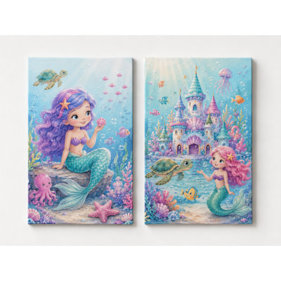 Grand ensemble de 2 sirènes sous-marines château pour chambre à coucher de filles, décor de toile aquarelle fantaisie océanique pour salle de bain de salle de bain, impression sur toile 16 x 24 pouces - prête à être accrochée