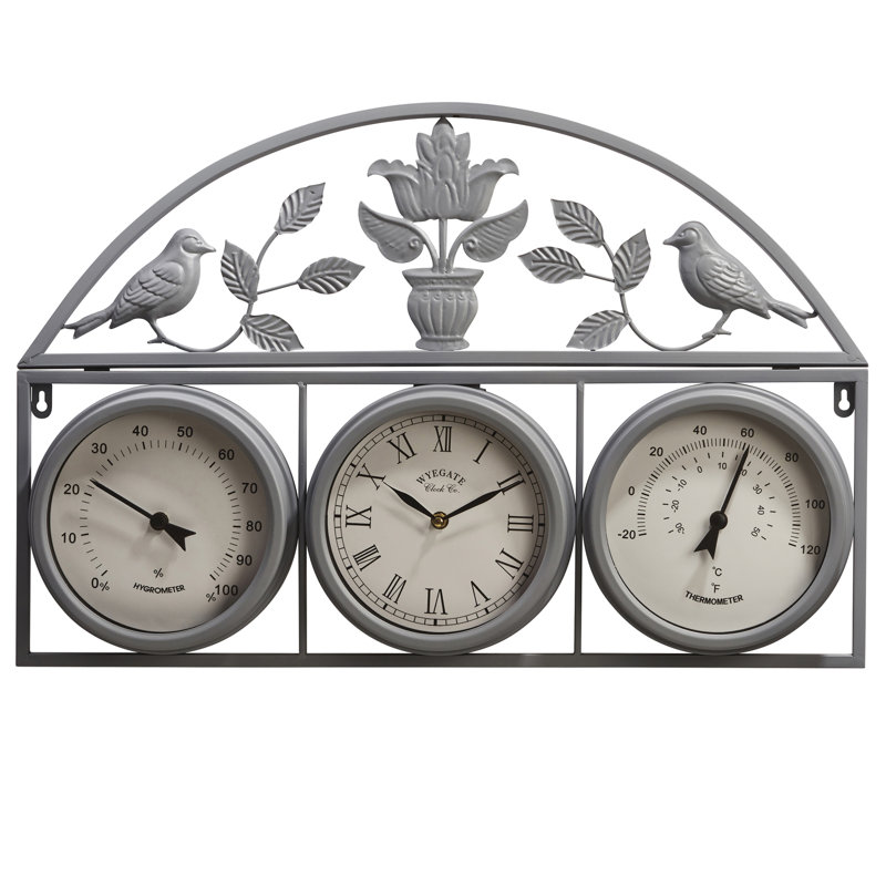 Tonasket Metal Garden Wall Clock/Weather Station -Grey Wall Decor