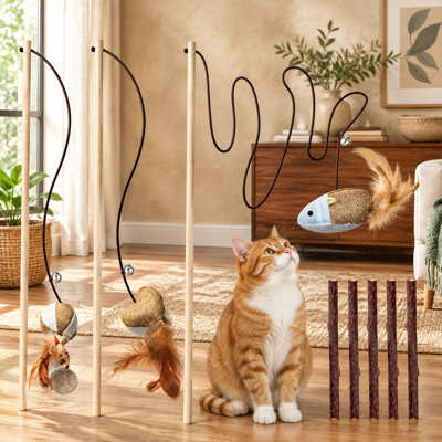 3-Piece Natural-Wood Cat Teaser Wand Kit with 5 Silvervine Sticks, Elastic String, Bell, and Feather