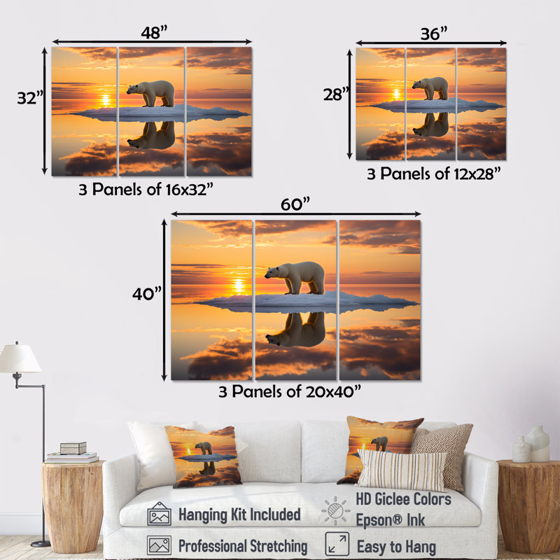 Ours polaire sur l'iceberg, coucher de soleil rose - ours, ensemble d'art mural, Toile tendue, H 40 po x l 60 po x P 1 po