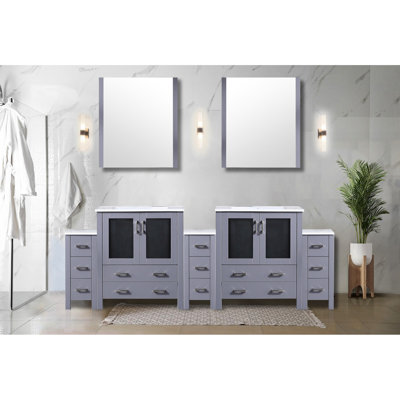 96 In. Wide Dark Grey Double Bath Vanity With Side Cabinets, Ceramic Top, Mirrors, And Customizable Storage Practical