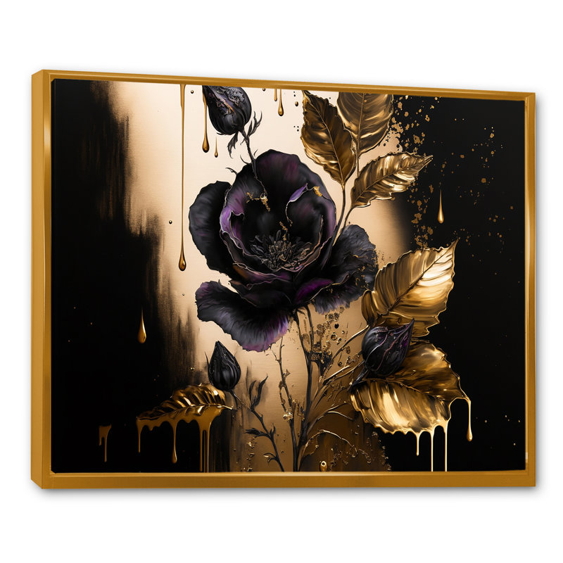 Polina noir et or violettes I - impression, H 16 po x l 32 po x P 1 po, Cadre flottant doré