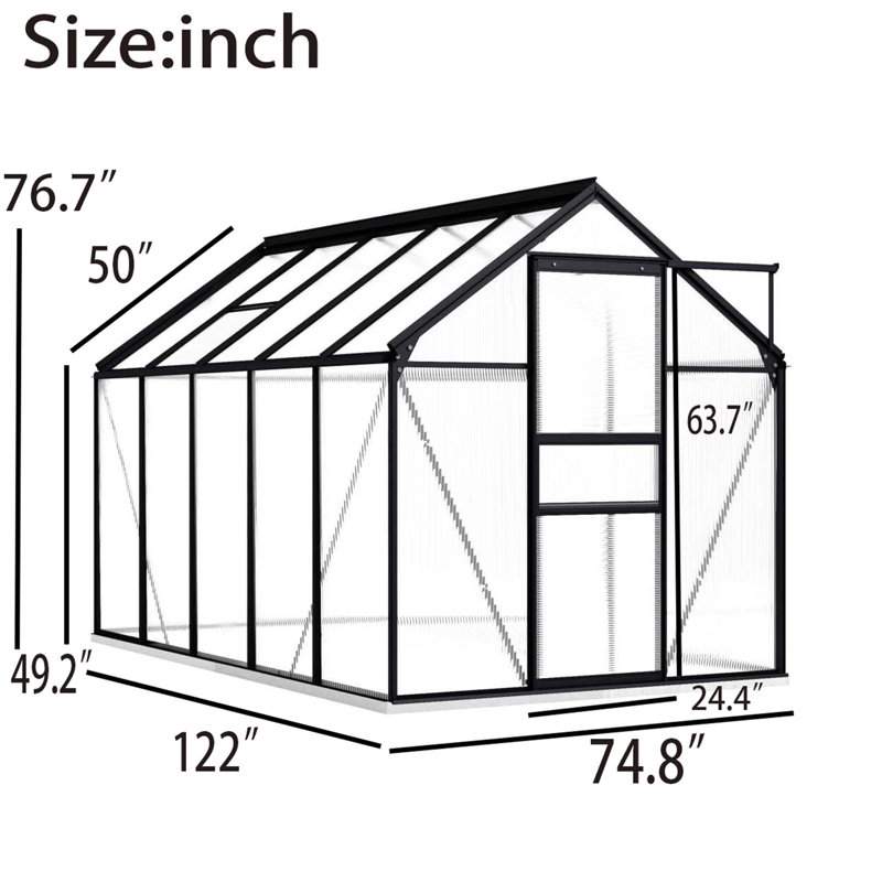 51.2' W x 122' D Hobby Greenhouse, 76.7" H x 74.8" W x 122" D