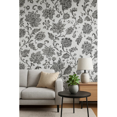 Ornement, motif floral, cachemire, botanique, noir, blanc cassé, feuille, contour, plantes, papier peint, 3D