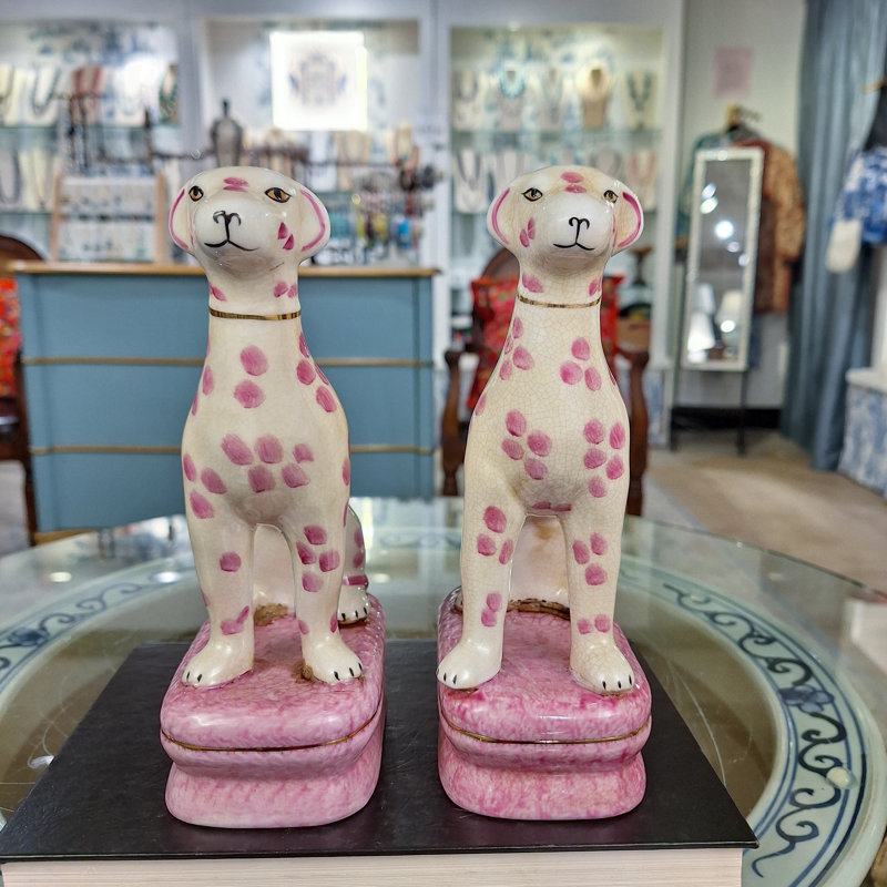 Porcelain Whippet Figurines – Teal Dots (Set of 2), Pink/White/Brown