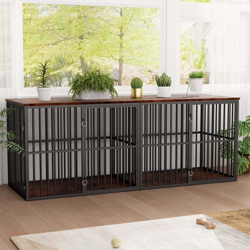 86.7" Double Dog Crate Furniture with 4 Doors,Dog Kennel TV Stand End Table with Removable Divider, Rustic Brown/Black