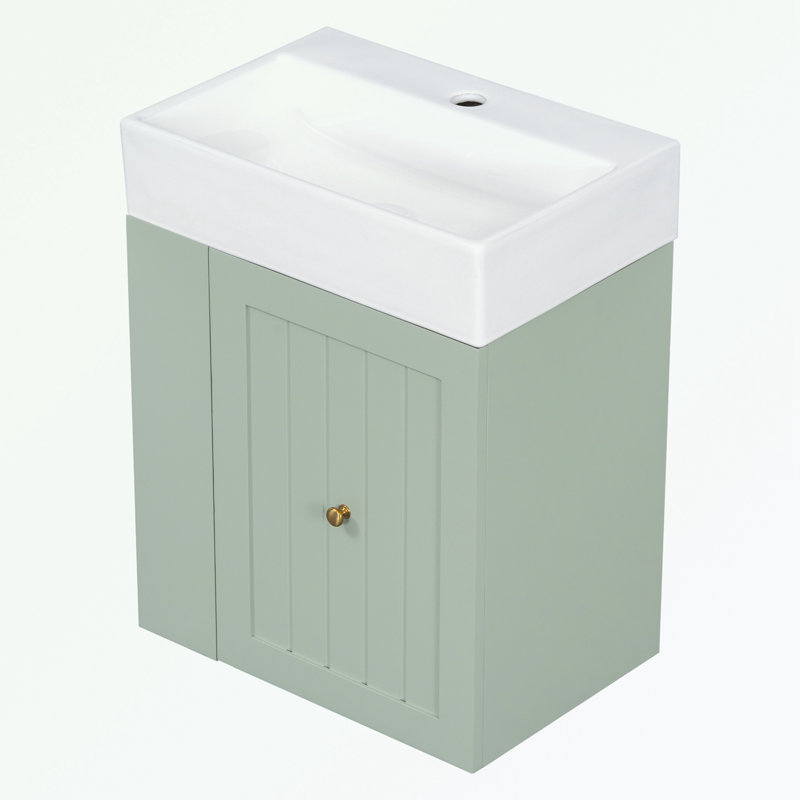 Meuble-lavabo de salle de bain avec lavabo en céramique, tiroir et tablette latérale, Vert