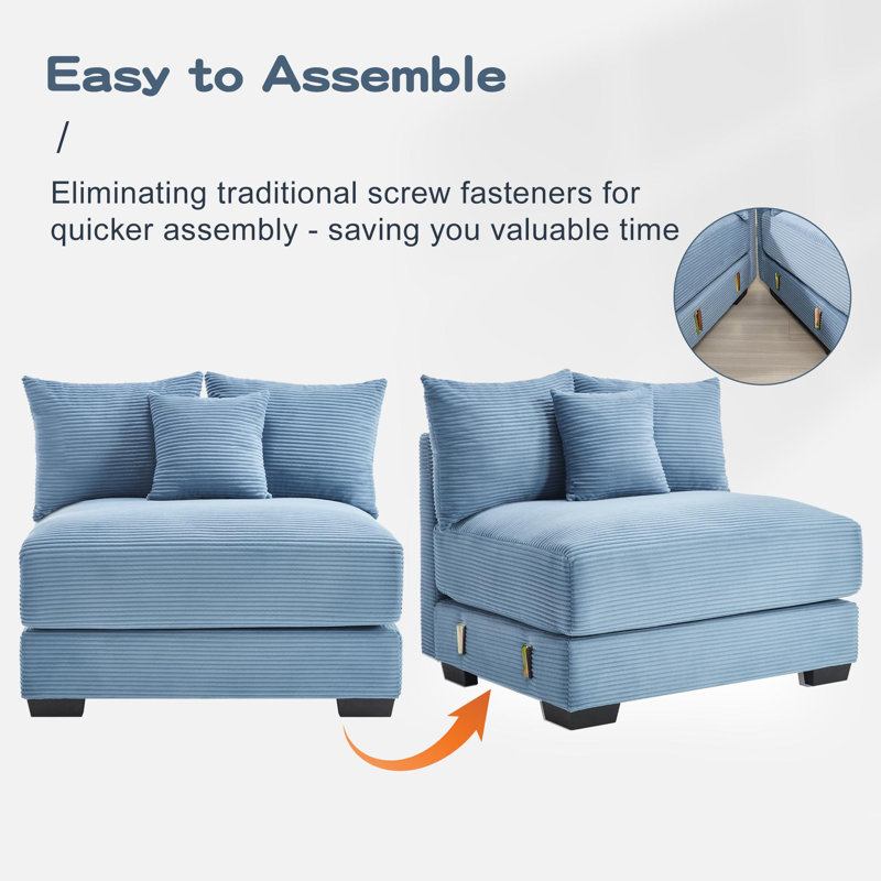 Oversized Cloud Modular L-Shape Sectional Couch, Blue Corduroy