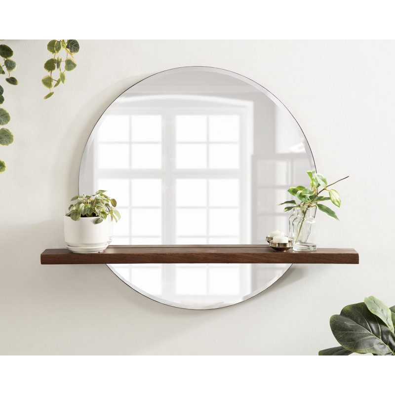 Miroir rond rose sans cadre avec tablette 30 x 23,5 brun noyer