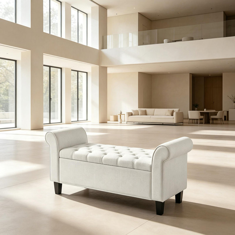 Banc de rangement capitonné avec accoudoirs roulés, repose-pieds avec charnière de sécurité, Blanc, crème, Blanc, crème