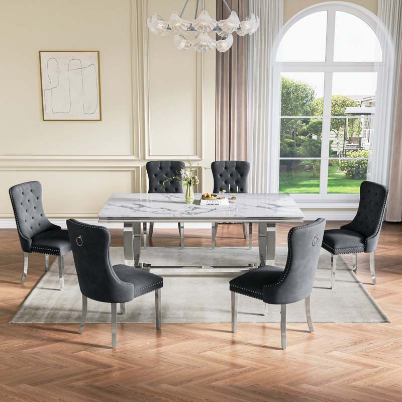 Rectangular 70.1"L X 35"W Dining Set, Noir / argenté, Blanc / argenté, 7 pièces : table, 6 chaises