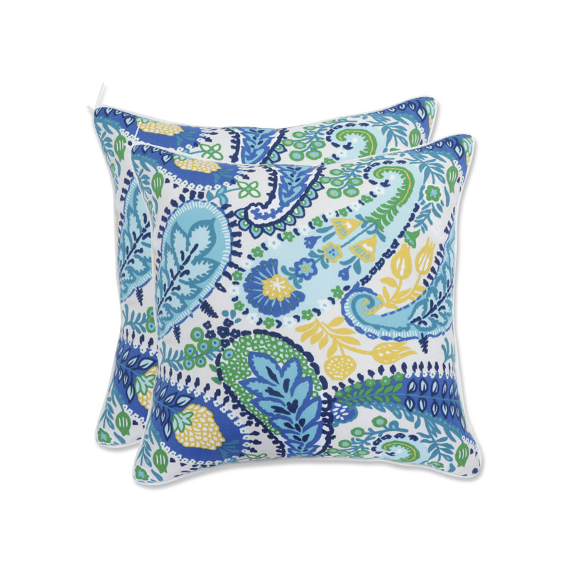 Amalia Blue and Green Paisley Square Outdoor Throw Pillows Set