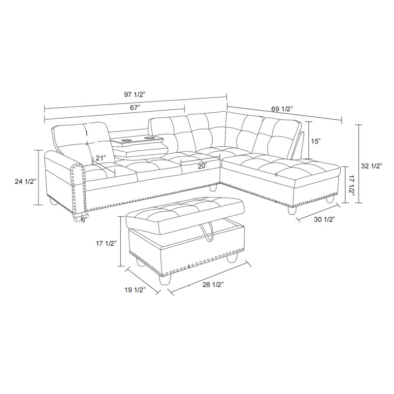 Aamanah 97"Faux Leather Sectional with Ottoman, White Faux Leather, Right Hand Facing
