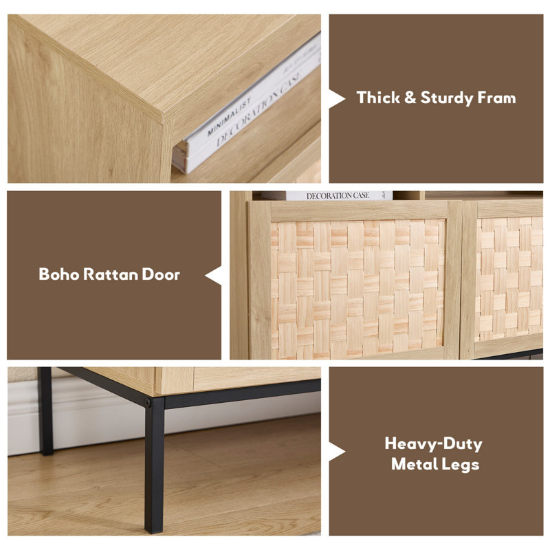 63'' W Modern Storage TV Stand with Woven Panel Doors, Open Shelves & Metal Legs, Natural Oak Finish