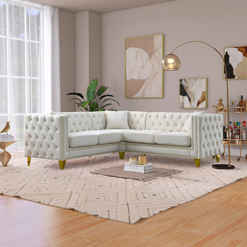 Canapé Chesterfield de luxe en L, Velours beige