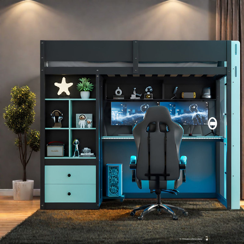 Lits avec bureau de rangement, lits jumeaux en MDF et bois, style loft moderne pour petits espaces, Black 1